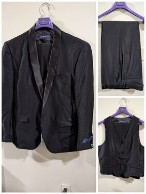 Retro Paris Classic Black Satin-Trim Tuxedo Jacket, Vest & Pants Set